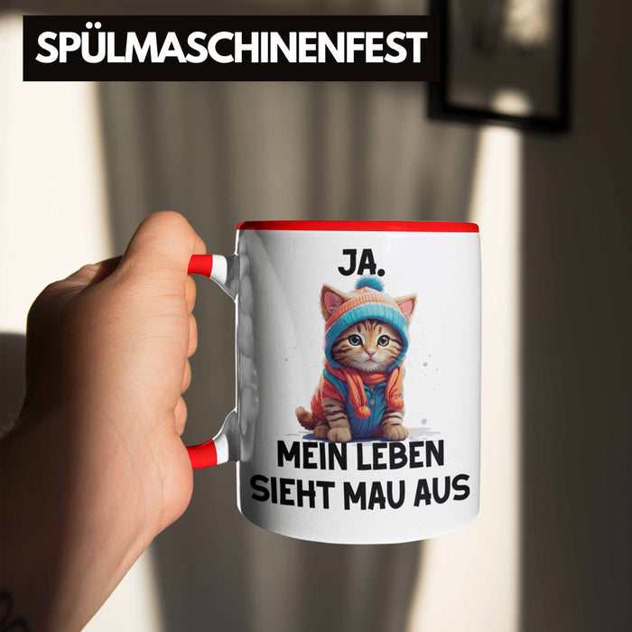 Dank Meme Tasse Katzen Besitzer Wortspiel Ja Mein Leben Sieht Mau Aus Traurige Katze Geschenkidee Süße Katze Rot Trendation