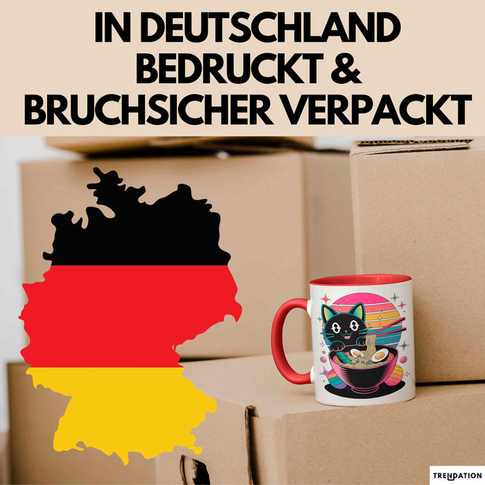 Katzen Tierliebhaber Tasse Geschenk Lustige Geschenkidee Spruch Katze Isst Ramen Nudeln Rot Trendation