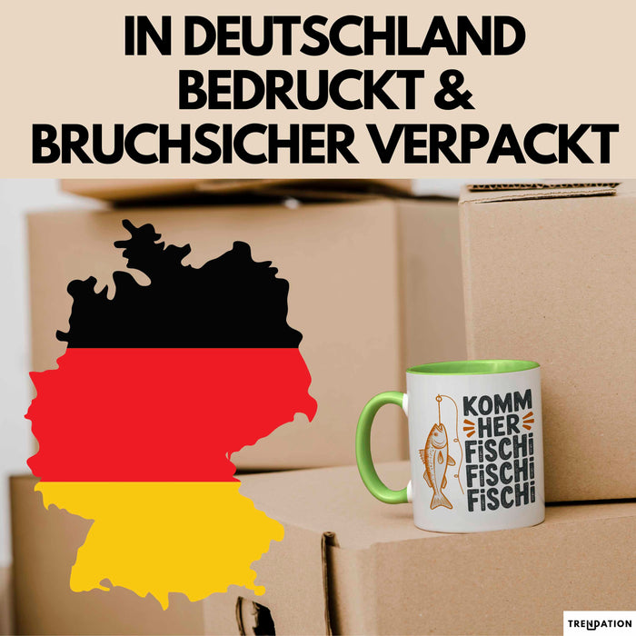 Angelliebhaber Fischer Tasse Geschenk Lustige Geschenkidee Spruch Komm Her Fischi Fischi Fischi Grün Trendation