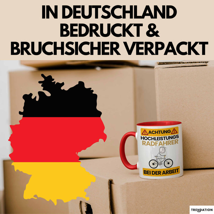 Radfahrer Tasse Geschenk Lustiger Spruch Geschenkidee für Radfahrer Achtung Hochleistungs Radfahrer Bei Der Arbeit Rot Trendation