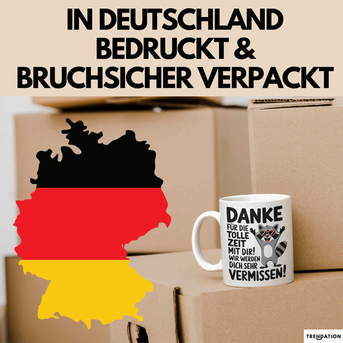 Büro Arbeit Kollege Tasse Becher Geschenk Lustige Geschenkidee Spruch Danke Für Die Tolle Zeit Mit Dir Wir Werden Dich Sehr Vermissen Weiß Trendation