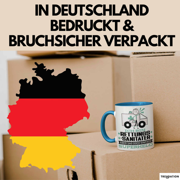 Rettungssanitäter Geschenk Tasse Ich Bin Rettungssanitäter Aber Sag Doch Einfach Superheld Lustige Geschenkdiee für Rettungssanitäter Kaffee-Becher Blau Trendation