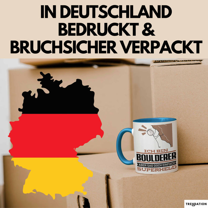 Boulderer Geschenk Tasse Ich Bin Boulderer Aber Sag Doch Einfach Superheld Lustige Geschenkdiee für Boulderer Kaffee-Becher Blau Trendation