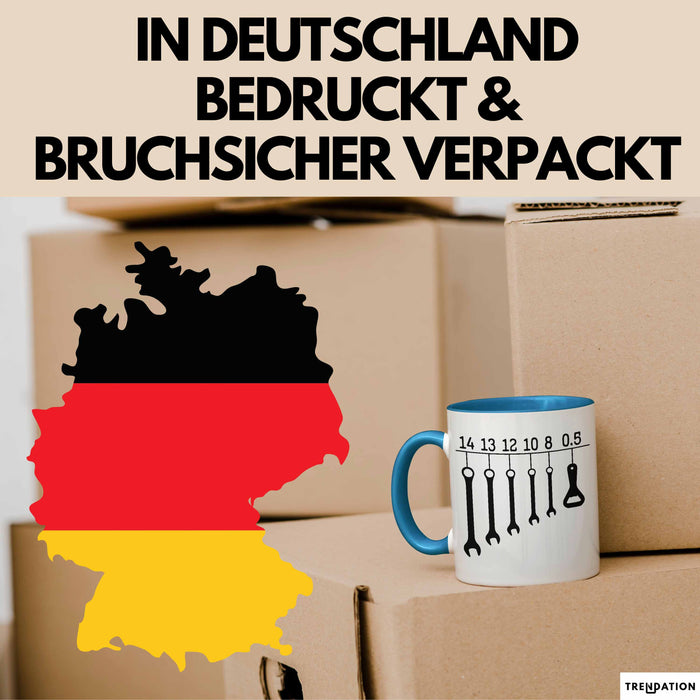 KFZ-Mechaniker Geschenk Tasse Schraubenschlüssel Flaschenöffner Männer Geschenkidee Handwerker Blau Trendation