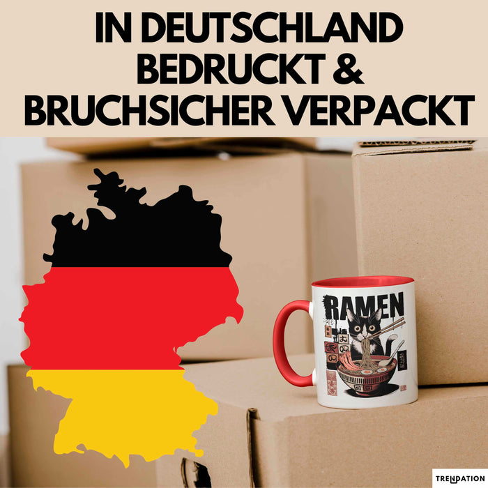 Katzen Tierliebhaber Tasse Geschenk Lustige Geschenkidee Spruch Katze Isst Ramen Nudeln Rot Trendation