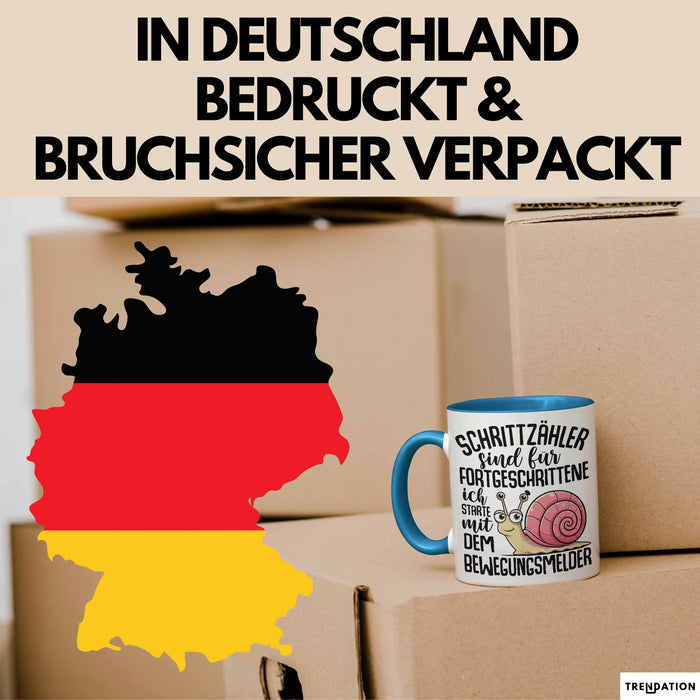 Schnecken-Liebhaber Tasse Geschenk Schrittzähler Sind Für Fortgeschrittene Ich Starte Mit Dem Bewegungsmelder Blau Trendation
