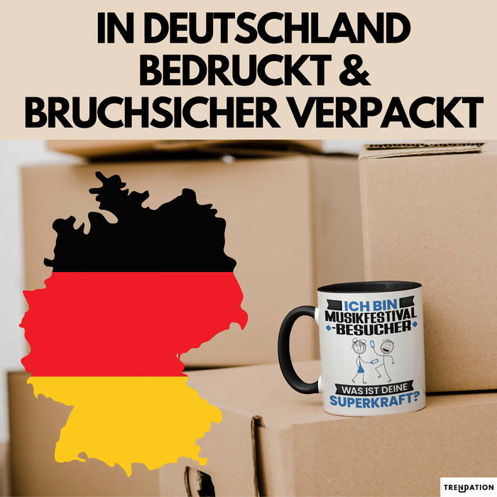 Musikfestival-Besucher Tasse Geschenk für Musikfestival-Besucher Geburtstag Lustiger Spruch Kaffee-Becher Was Ist Deine Superkraft Schwarz Trendation