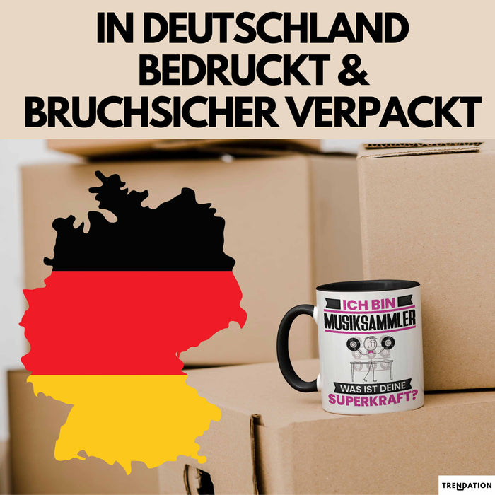 Musiksammler Tasse Geschenk für Musiksammler Geburtstag Lustiger Spruch Kaffee-Becher Was Ist Deine Superkraft Schwarz Trendation