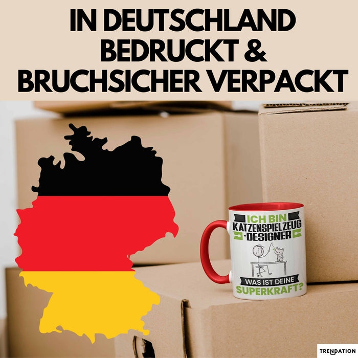Katzenspielzeug-Designer Tasse Geschenk für Katzenspielzeug-Designer Geburtstag Lustiger Spruch Kaffee-Becher Was Ist Deine Superkraft Rot Trendation