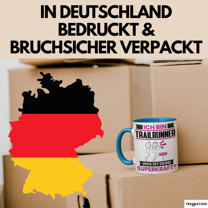 Trailrunner Tasse Geschenk für Trailrunner Geburtstag Lustiger Spruch Kaffee-Becher Was Ist Deine Superkraft Blau Trendation
