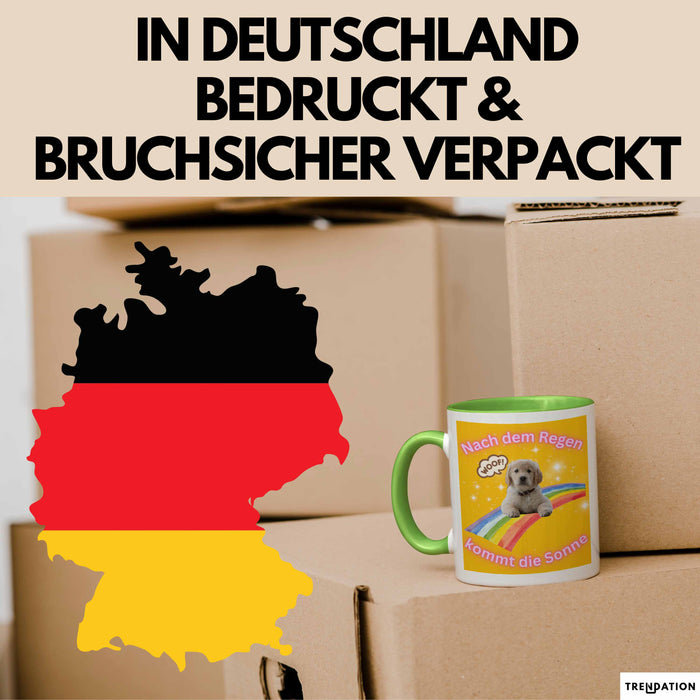 Meme Tasse Geschenk Lustiger Becher Hund Nach Dem Regen Kommt Die Sonne Grün Trendation