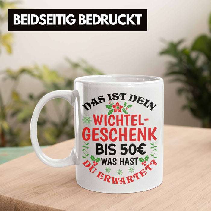 Wichtelgeschenk für 50 Euro Tasse Wichteln für Frauen Kollegen Wichtel-Tasse Schrott-Wichteln Schrottwichteln Weiß Trendation