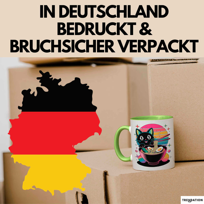 Katzen Tierliebhaber Tasse Geschenk Lustige Geschenkidee Spruch Katze Isst Ramen Nudeln Grün Trendation