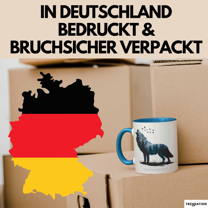 Klimaschutz Tasse Geschenk Erhalten Schützen Wolf Tiermotiv Blau Trendation