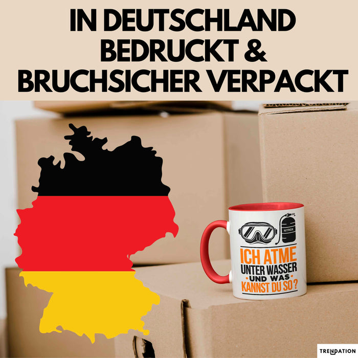 Taucher Tasse Geschenk Lustige Geschenkidee Spruch Ich Atme Unter Wasser Und Was Kannst Du Rot Trendation