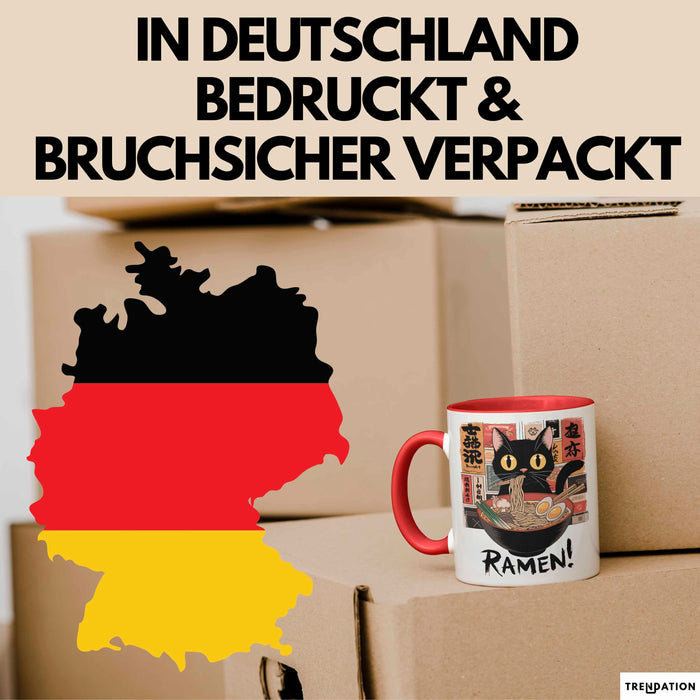 Katzen Tierliebhaber Tasse Geschenk Lustige Geschenkidee Spruch Katze Isst Ramen Nudeln Rot Trendation