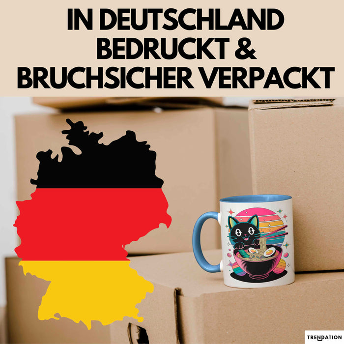 Katzen Tierliebhaber Tasse Geschenk Lustige Geschenkidee Spruch Katze Isst Ramen Nudeln Blau Trendation