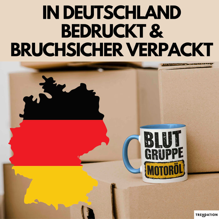 Auto Kfz Mechaniker Tasse Geschenk Lustige Geschenkidee Spruch Blutgruppe Motoröl Blau Trendation