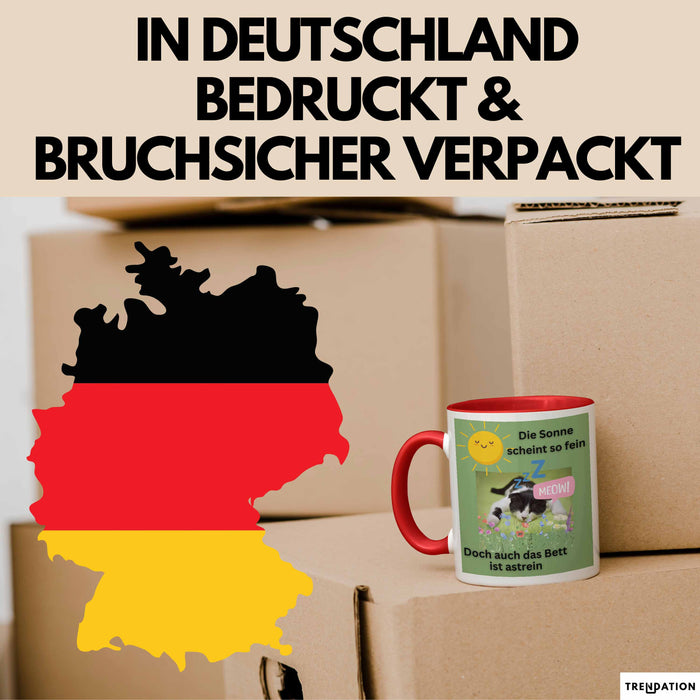 Meme Tasse Geschenk Lustiger Becher Katze Die Sonne Scheint So Fein Doch Auch Das Bett Ist Astrein Rot Trendation