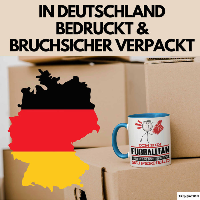 Fußballfan Geschenk Tasse Ich Bin Fußballfan Aber Sag Doch Einfach Superheld Lustige Geschenkdiee für Fußballfan Kaffee-Becher Blau Trendation