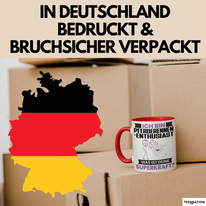 Pferderennen-Enthusiast Tasse Geschenk für Pferderennen-Enthusiast Geburtstag Lustiger Spruch Kaffee-Becher Was Ist Deine Superkraft Rot Trendation