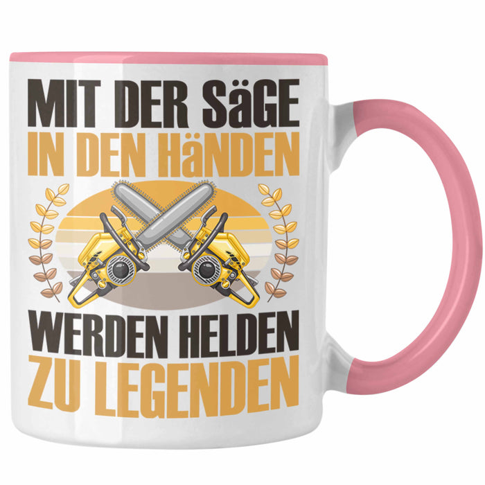 Forstarbeiter Tasse Geschenk Spruch Holzarbeiter Forstwirt Kettensäge in den Händen Rosa Trendation