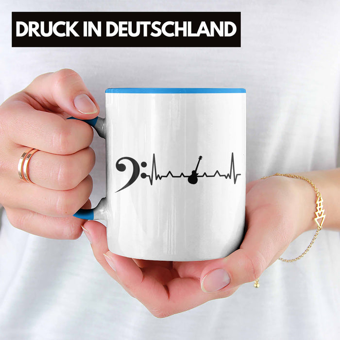 Bassist Tasse Geschenk Bass-Spieler Geschenkidee Kaffee-Becher Herzschlag Blau Trendation