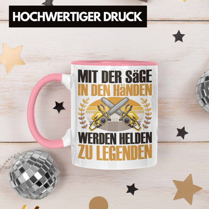Forstarbeiter Tasse Geschenk Spruch Holzarbeiter Forstwirt Kettensäge in den Händen Rosa Trendation