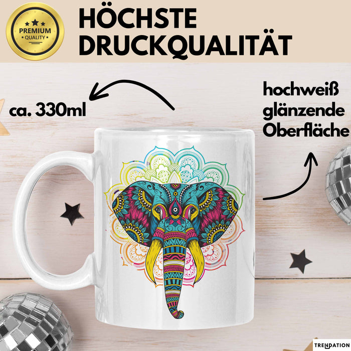 Elefant Tasse Geschenk Für Elefanten-Liebhaber Geschenkidee Mandala Bunt Weiß Trendation