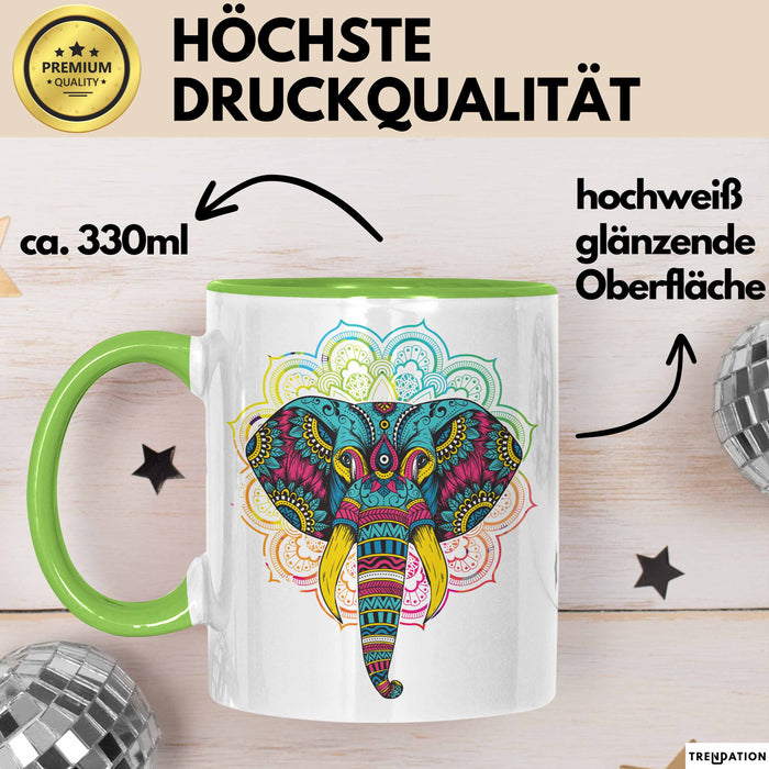 Elefant Tasse Geschenk Für Elefanten-Liebhaber Geschenkidee Mandala Bunt Grün Trendation
