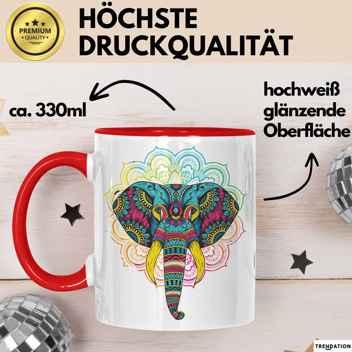 Elefant Tasse Geschenk Für Elefanten-Liebhaber Geschenkidee Mandala Bunt Rot Trendation