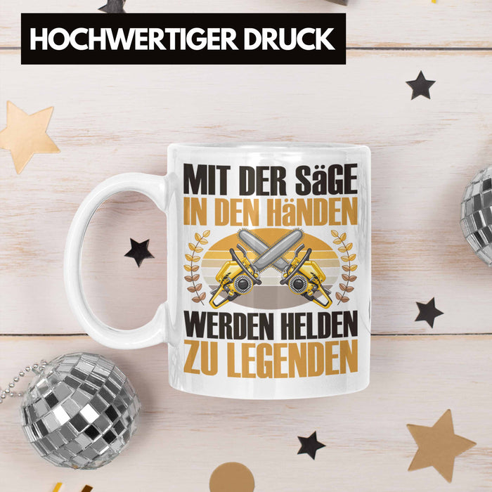Forstarbeiter Tasse Geschenk Spruch Holzarbeiter Forstwirt Kettensäge in den Händen Weiß Trendation