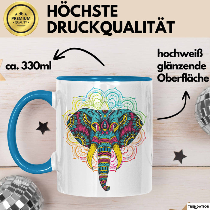 Elefant Tasse Geschenk Für Elefanten-Liebhaber Geschenkidee Mandala Bunt Blau Trendation