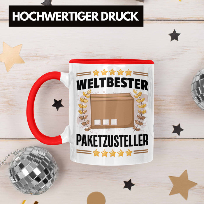Weltbester Paketbote Paketzusteller Tasse Geschenkidee Postbote Spruch Rot Trendation