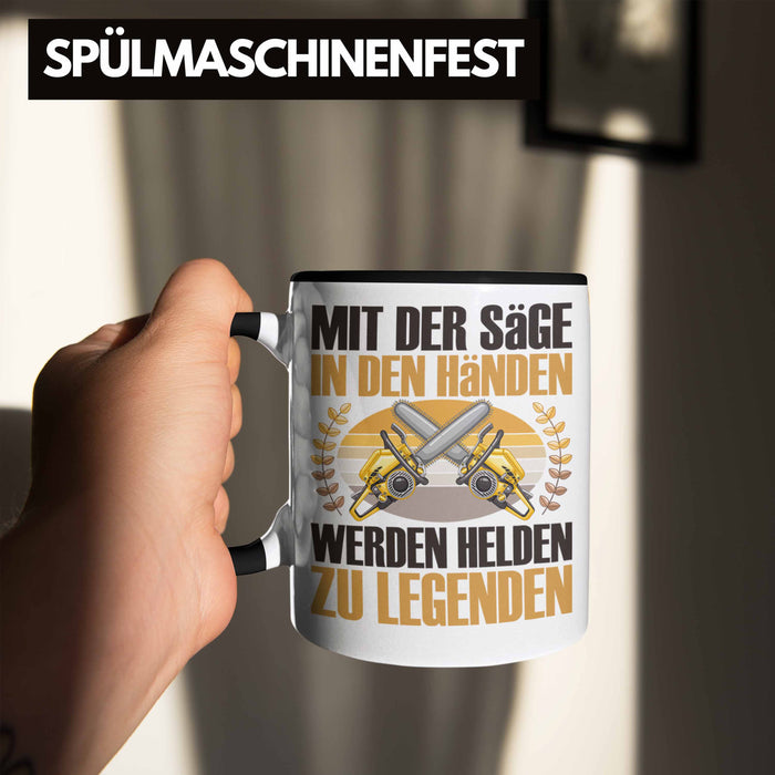 Forstarbeiter Tasse Geschenk Spruch Holzarbeiter Forstwirt Kettensäge in den Händen Trendation