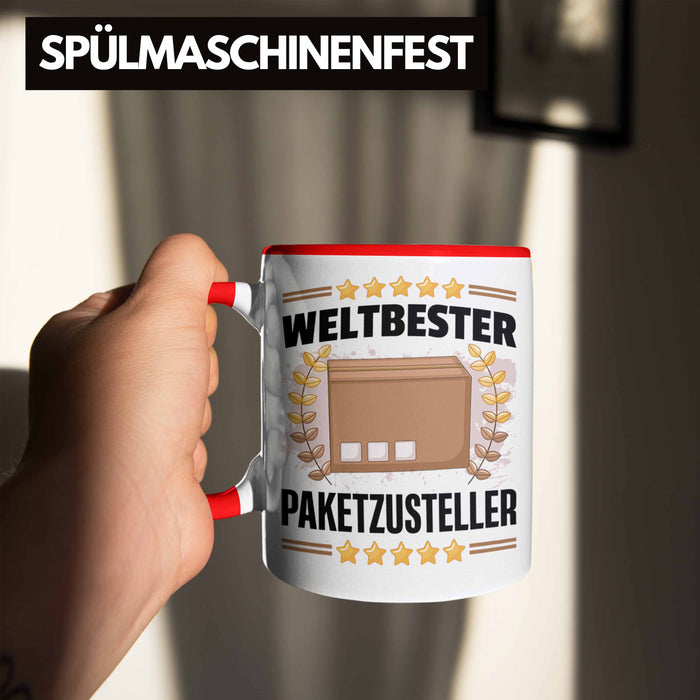 Weltbester Paketbote Paketzusteller Tasse Geschenkidee Postbote Spruch Rot Trendation