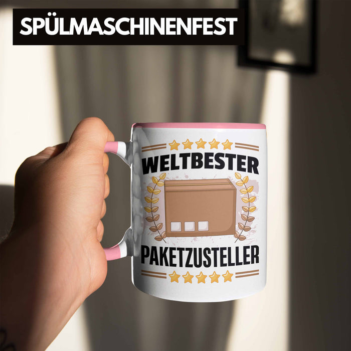 Weltbester Paketbote Paketzusteller Tasse Geschenkidee Postbote Spruch Rosa Trendation
