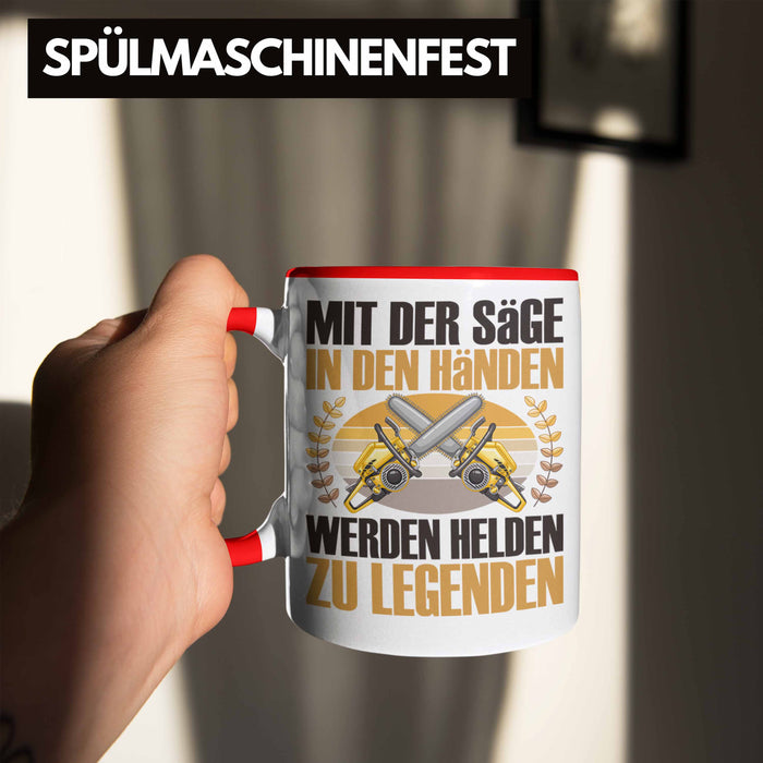 Forstarbeiter Tasse Geschenk Spruch Holzarbeiter Forstwirt Kettensäge in den Händen Rot Trendation