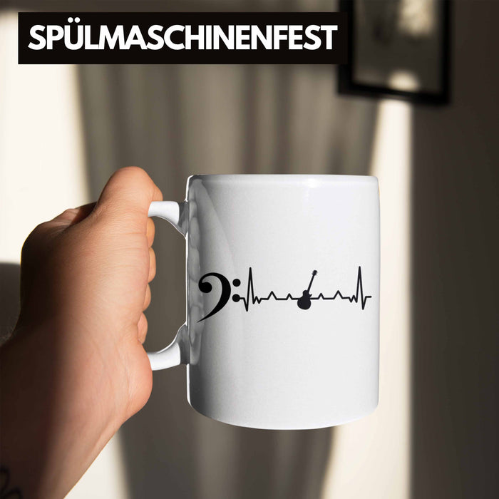 Bassist Tasse Geschenk Bass-Spieler Geschenkidee Kaffee-Becher Herzschlag Weiß Trendation