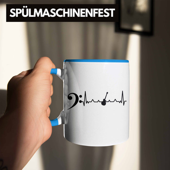 Bassist Tasse Geschenk Bass-Spieler Geschenkidee Kaffee-Becher Herzschlag Blau Trendation