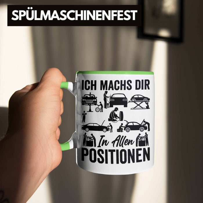 KFZ Mechaniker Geschenk MFZ Mechatroniker Ich Machs Dir In Allen Positionen Geschenkidee für Männer KFZ Mechaniker Auto Reperatur Werkstatt Grün Trendation