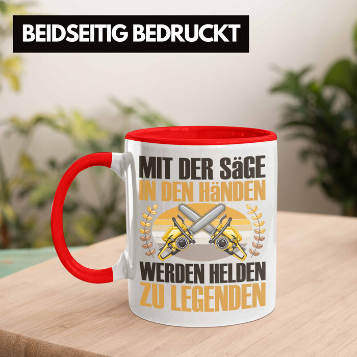 Forstarbeiter Tasse Geschenk Spruch Holzarbeiter Forstwirt Kettensäge in den Händen Rot Trendation