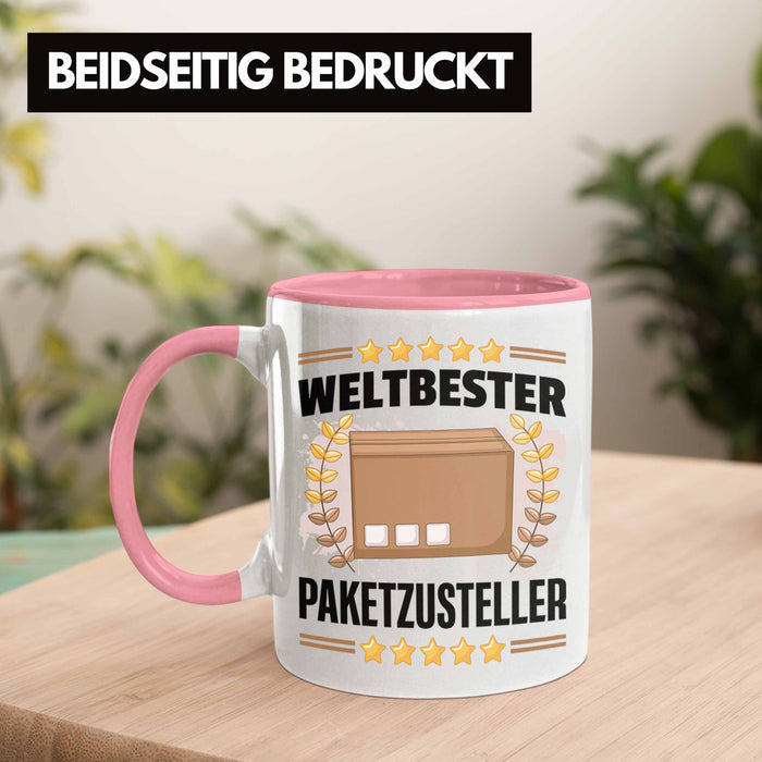 Weltbester Paketbote Paketzusteller Tasse Geschenkidee Postbote Spruch Rosa Trendation