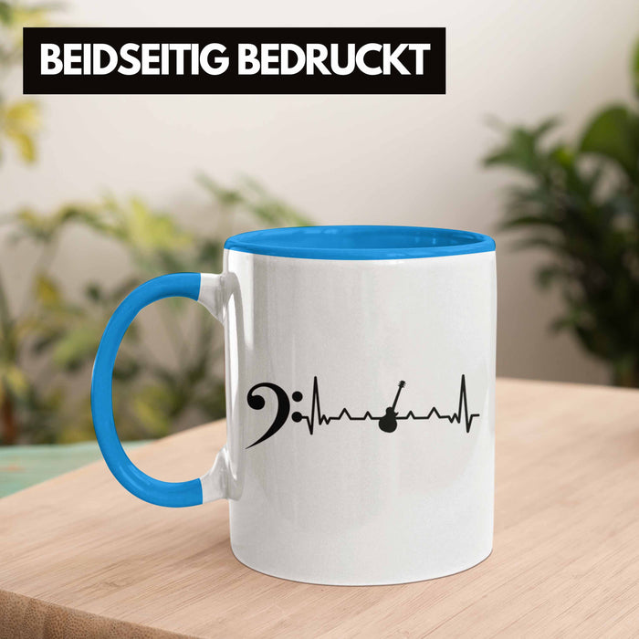 Bassist Tasse Geschenk Bass-Spieler Geschenkidee Kaffee-Becher Herzschlag Blau Trendation