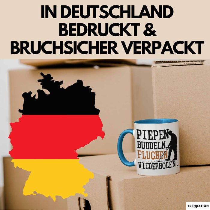 Metalldetektor Tasse Geschenk Metalldetekotren Geschenkidee Pipen Buddeln Fluchen Wiederholen Kaffee-Becher Blau Trendation