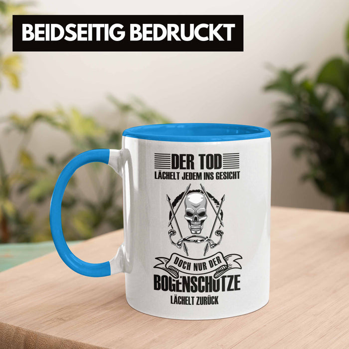 Lustige Bogenschießen Tasse für Bogenschützen Geschenkidee Pfeil und Bogen Motiv Blau Trendation